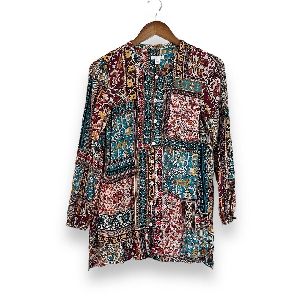 J. Jill Patchwork Tunic Top XS Long Sleeve Rayon Button Front Boho Jewel Tone
